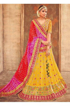 Yellow and Pink Indian silk wedding lehenga